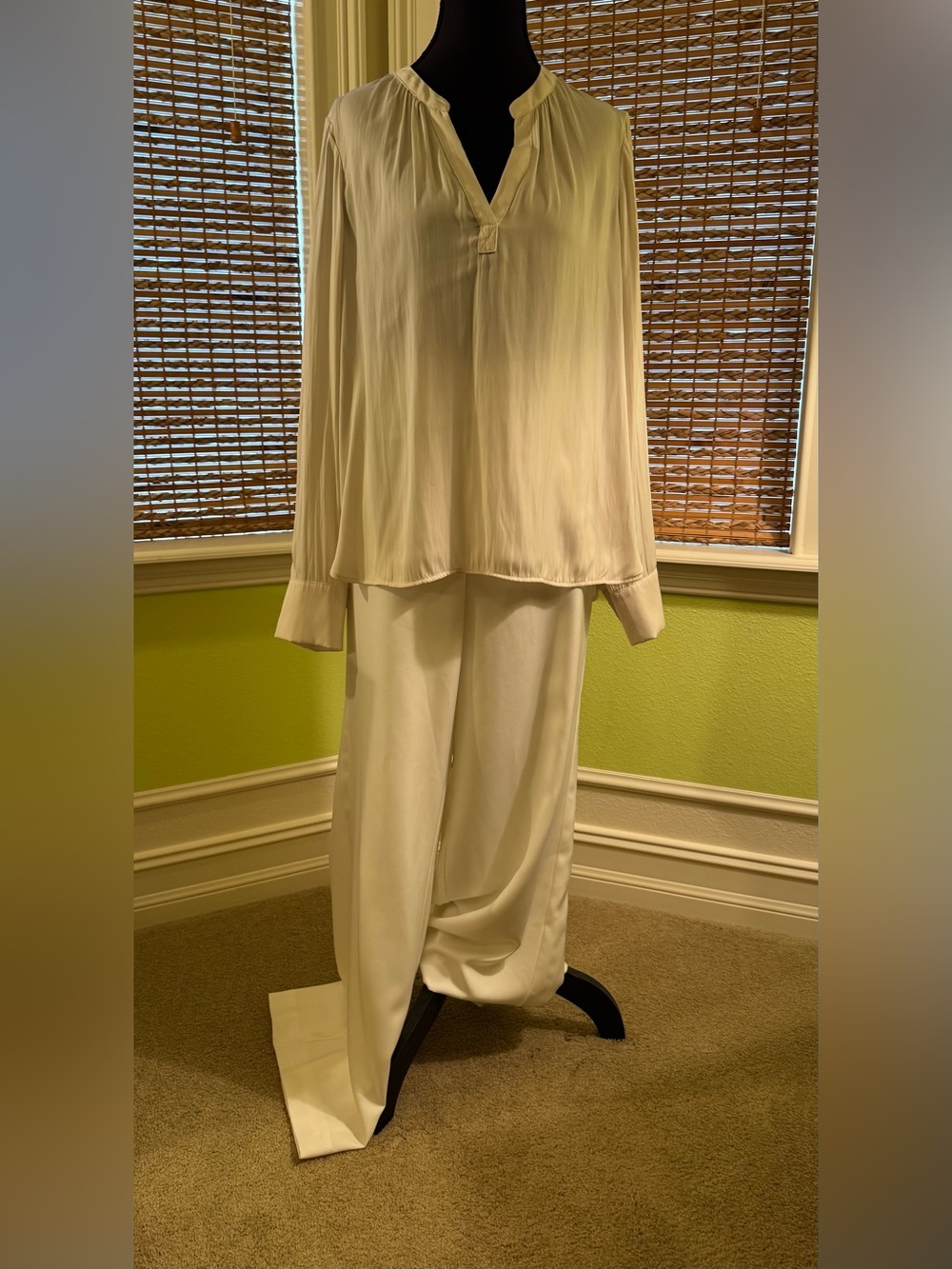Sanctuary Cream Satin Pleated V-Neck Blouse with Abbey Glass Slacks